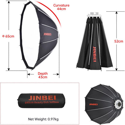 JINBEI 65cm Bowens Mount Deep Parabolic Softbox - High-Efficiency Studio Lighting Softbox for LED Video Lights, Photography & Live Streaming
