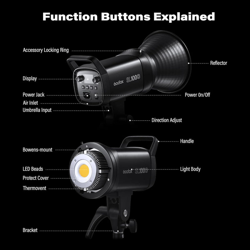 Godox SL100D Video Light Daylight 100W with RC-A6 Remote 5600K 32100 Lux CRI 96+ TLCI 97+ 8 Light FX Bowens Mount COB LED Continuous Light(SL100-D)
