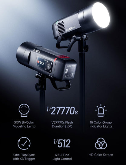 Godox AD400 Pro II AD400Pro II AD400ProII Flash, GN72 One-Tap Sync with X3/30W Bi-Color Modeling Lamp/Color Screen/16 Color Groups Indicator/Freeze Mode/460 Flashes/1/512~1/1 (with ± 0.1 Increment)