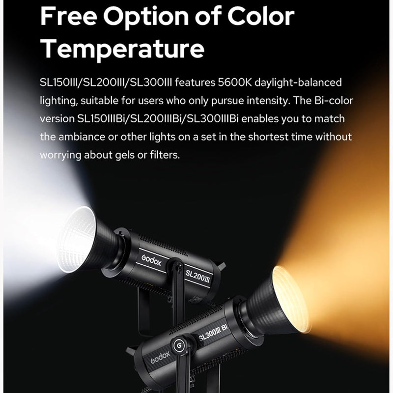 Godox SL200Bi IIIBiBi-Color 215W LED Video Light, CCT 2800-6500K CRI 96, TLCI 97, 95400 Lux@1m, 9 FX Effects Bowens-Mount Studio Lights with RC-A6 Remote for Studio and Film TV Production