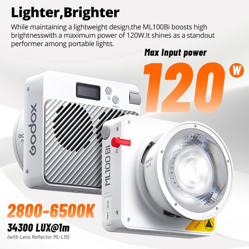 Godox ML100Bi 120W LED Video Light, 2800K-6500K Bi-Color Video Lighting Kit, 34300 Lux CRI 97+/TLCI 98+, APP Control, USB-C Charging, 11 FX Effects, for Filming/Live Streaming/Outdoor Photography