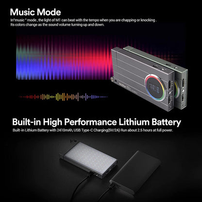 Godox M1 RGB Camera Light, Portable LED Video Light, Pocket Full Color LED Video Light Panel CRI 97+ 2500k-8500k, Music Beats Function and 15 FX Lighting Effects with Aluminum Alloy Body - Gray