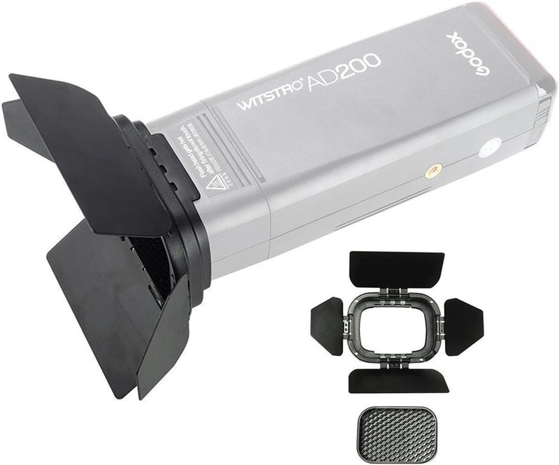 Godox BD-07 Barn Door Compatible for Godox AD200 AD200Pro Pocket Speedlite Flash Head, with Detachable Honeycomb Grid and 4 Color Filters