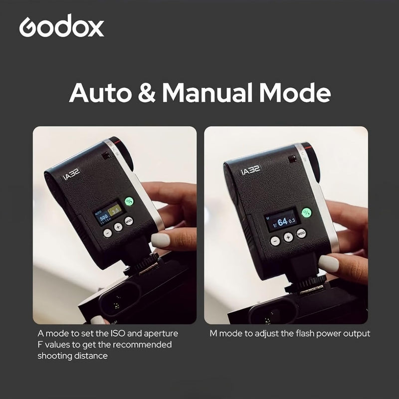 Godox Flash Godox iA32 Mini Camera Flash - Automatic Flash GN 15, 8 Power Levels/2.5sRecycle/490 Flash Times/Auto/Manual Modes,Mini Flash forCanon/Nikon/Sony/FujiCameras(Not Compatible for Sony ZV-1F)