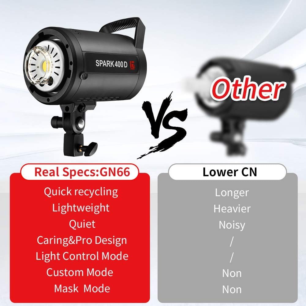 JINBEI SPARK-400D 400Ws GN66 Studio Strobe Flash Light,Recycle Time in 0.1-0.9 Sec,Built-in 2.4G Wireless with Bowens Mount LED Modeling Lamp Photography Flashes, Include 2.4G Wireless Trigger