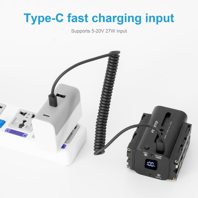 FOMITO Multifunctional NP-F Battery, Supports DC 7.4V 6A (Max) / Type-C 5-20V 27WV (Max) / Dual-Port NP-F Interface Output, Applicable to Monitors, LED Lights, Cameras etc