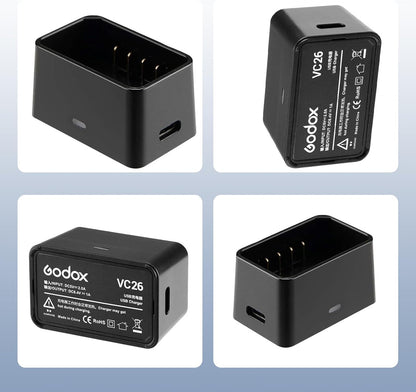 Godox VC26 USB Battery Charger DC 5V Input DC 8.4V Output for Charging Godox V860IIIC V860IIIN V860IIIS V1S V1C V1N V1F V1O V1P Round Head Flash Battery