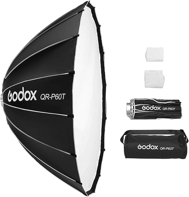 Godox QR-P60T 60cm/23.6in Quick Release Parabolic Softbox Professional Foldable Softbox with Standard Bowen Mount & Diffusers for Photography Studio Photography (60cm/59in Softbox)