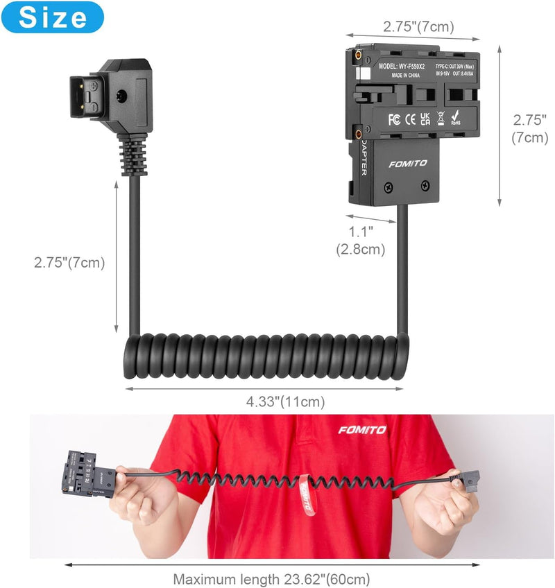 FOMITO 2-Sided NPF Dummy Battery Cross-shaped to D-tap Power Cable with USB-C Output Output Connecting V-Mount Battery for Field Monitor, Wireless Video Transmission, LED Light, Camera, Smartphone