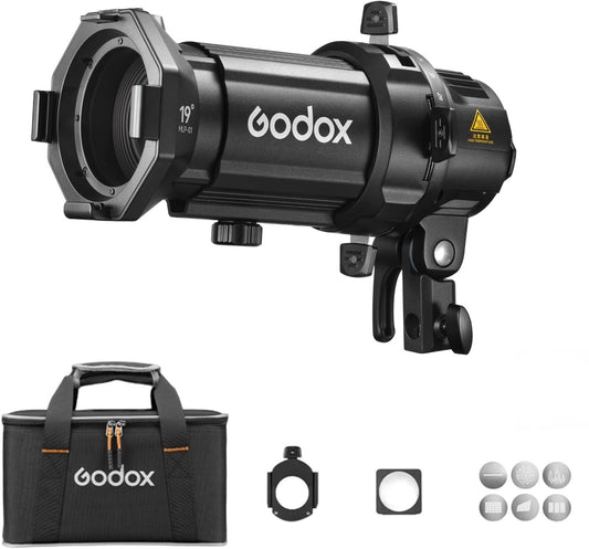 Godox MLP19K Projection Attachment for Godox Mount LED Video Light with 19 Lens, Black Metal, Pattern Projector, Modern Style, Includes Attachment, Gobo Holder, Gobo Set, Bag, Gel Frame