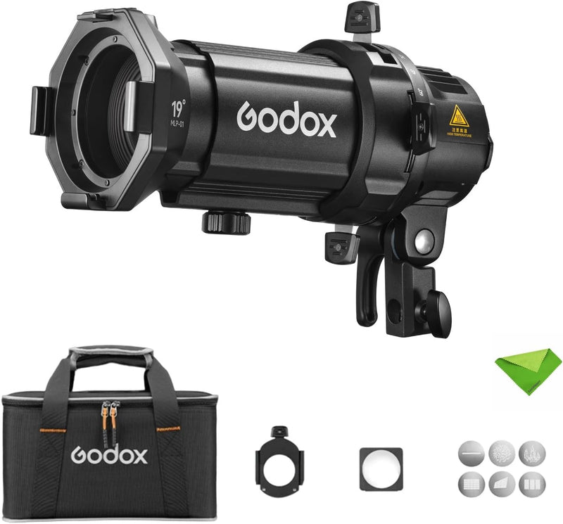 Godox MLP19K Projection Attachment for Godox Mount LED Video Light with 19 Lens, Black Metal, Pattern Projector, Modern Style, Includes Attachment, Gobo Holder, Gobo Set, Bag, Gel Frame