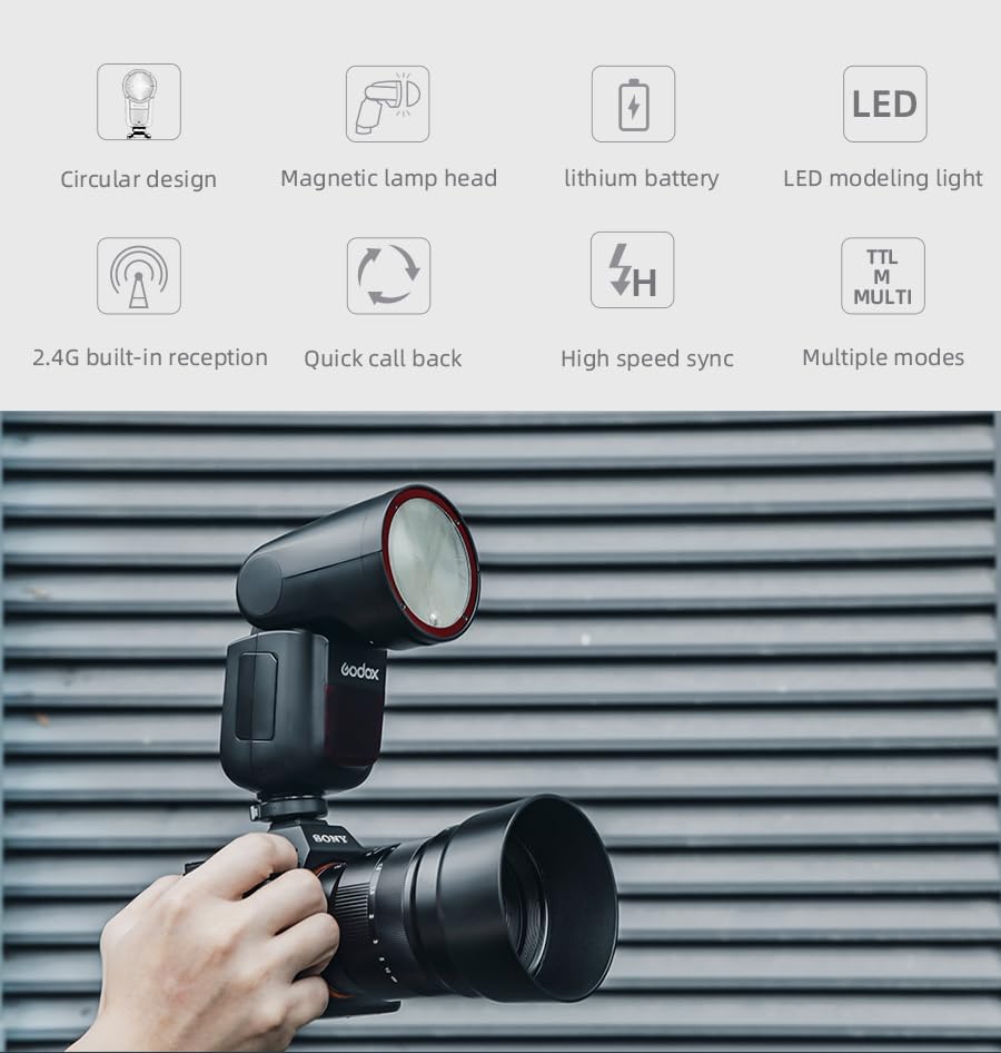 Godox V1 V1S V1 S V1-S Sony Flash, 76Ws 2.4G TTL Round Head Flash Speedlight, 1.5 sec Recycle Time,1/8000 HSS, 480 Full Power Shots, 2980mAh Lithimu Battery (USA Version)