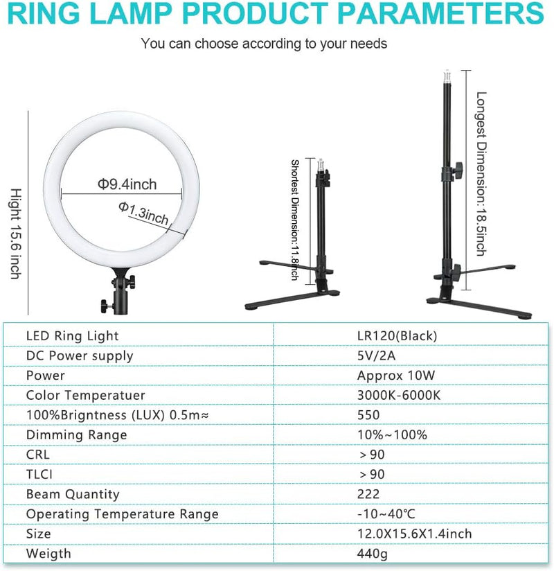 Godox LR120 12" LED Ring Light with Desktop Stand & Cell Phone Holder, USB Powered Conference Light CRI>90 Color Temperature 3000K to 6000K for TikTok/Live Stream/Makeup/Zoom Call & YouTube (Black)
