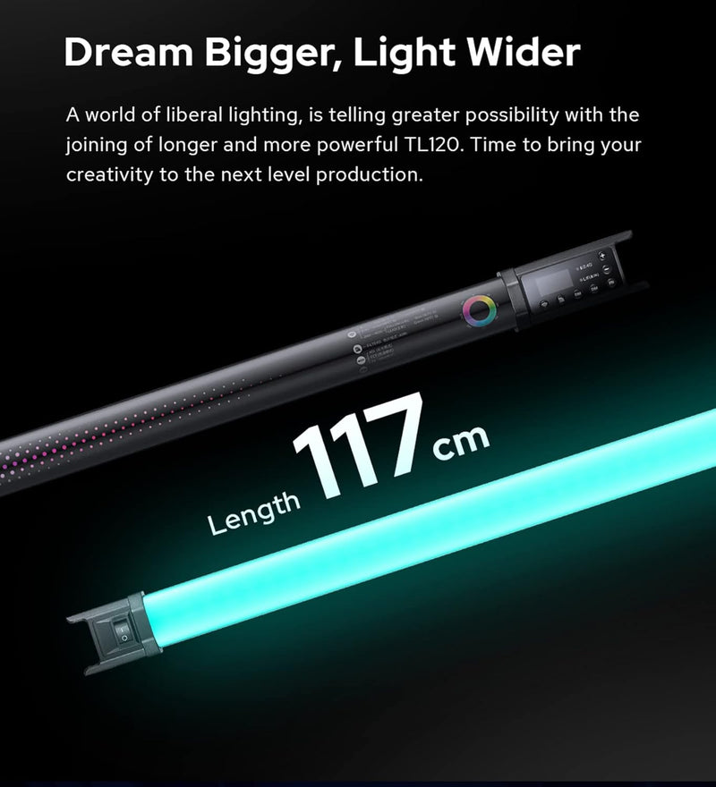 Godox TL120 RGB Tube Light,CRI 96 TLCI 98,Color Temper 2700K~6500K,100% Brightness (LUX),39 FX Effects,Smartphone APP/2.4G Wireless/DMX Control