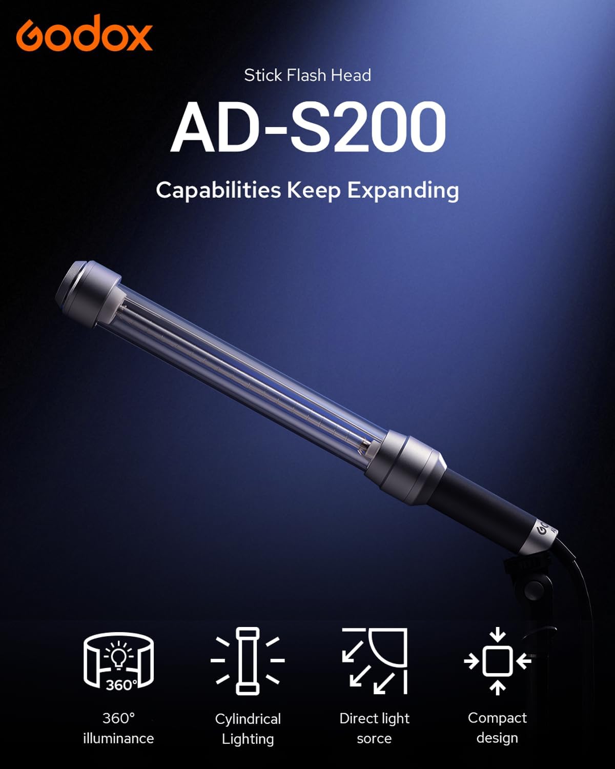 Godox AD-S200 Stick Flash Head 200W 5800K for AD200, AD200Pro and AD200Pro II Pocket Flashes with Barn Door, AD-E2 Flash Holder Metal Bracket and Carry Bag