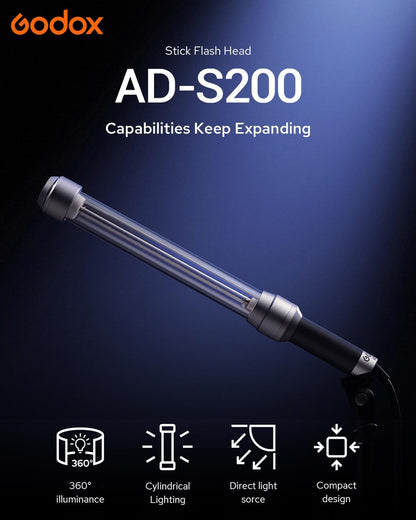 Godox AD-S200 Stick Flash Head 200W 5800K for AD200, AD200Pro and AD200Pro II Pocket Flashes with Barn Door, AD-E2 Flash Holder Metal Bracket and Carry Bag