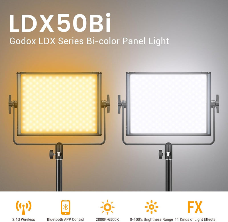 Godox LDX50Bi 14'' Bicolor LED Video Light, 65W 2800K-6500K LED Panel Light with 600 LED Beads 11 FX Effects CRI/TLCI 96+ 9200Lux Dimmable 0-100% Studio Soft Lights for Photography