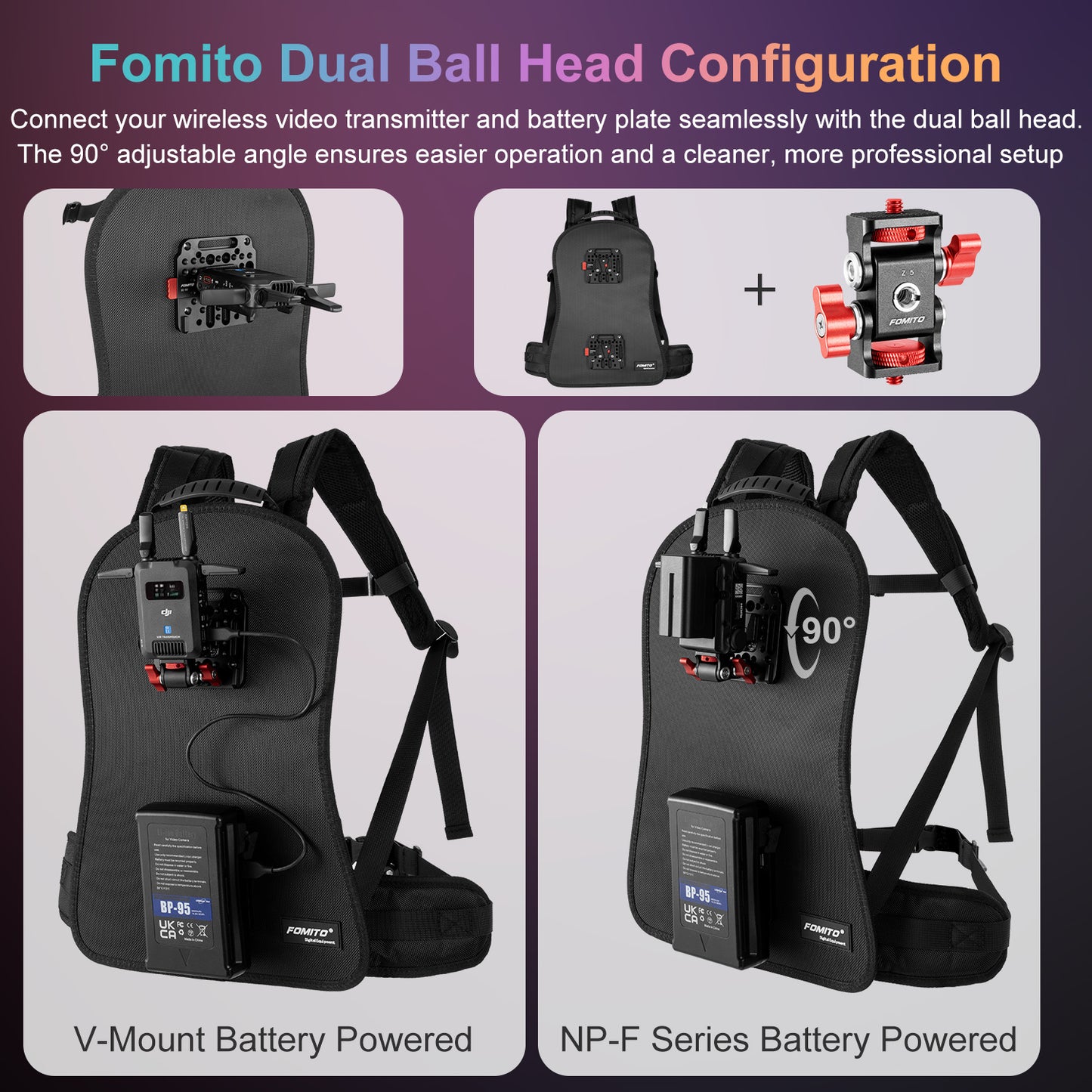 Fomito BB-03 Wearable V-Mount Backpack Rig with VK-01 Quick Release Plates for DJI Transmission, Wireless Monitors & V-Lock Batteries