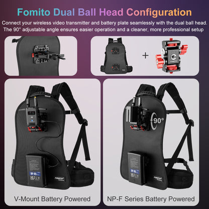 Fomito BB-03 Wearable V-Mount Backpack Rig with VK-01 Quick Release Plates for DJI Transmission, Wireless Monitors & V-Lock Batteries