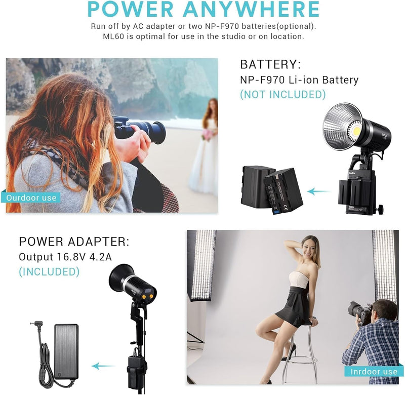 Godox ML60 Handheld LED Video Light, 60W 69000LUX Daylight Studio LED Light 5600K Portable LED Light, CRI 96+ 8 FX Effects Professional LED Light with Silent Mode