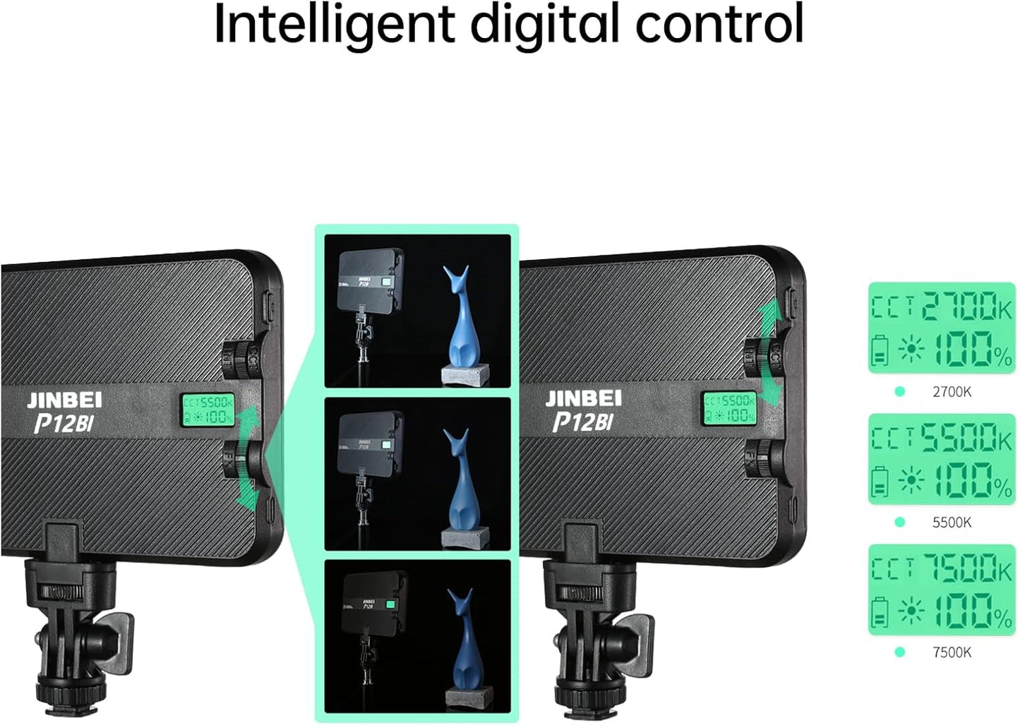 JINBEI P12BI LED Video Soft Light, 119 LEDs, 2700K-7500K, Nine Preset Effects, Studio & Camera Light with USB-C, Tripod & Mount, 2-Hour Battery Life