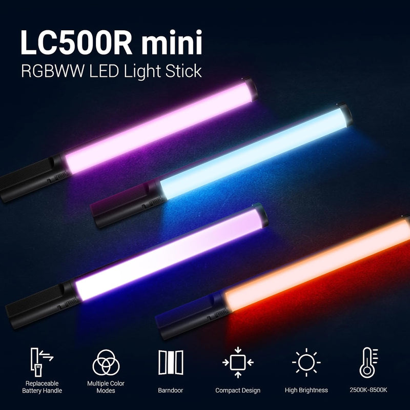 Godox LC500R Mini Handheld RGB Tube Light, 2500K-8500K RGB Stick Light with Barndoor&Soft Diffuseur, 20W 360°Full Color CRI 96+ 15 FX Effects LED Light Wand with Godox APP Control