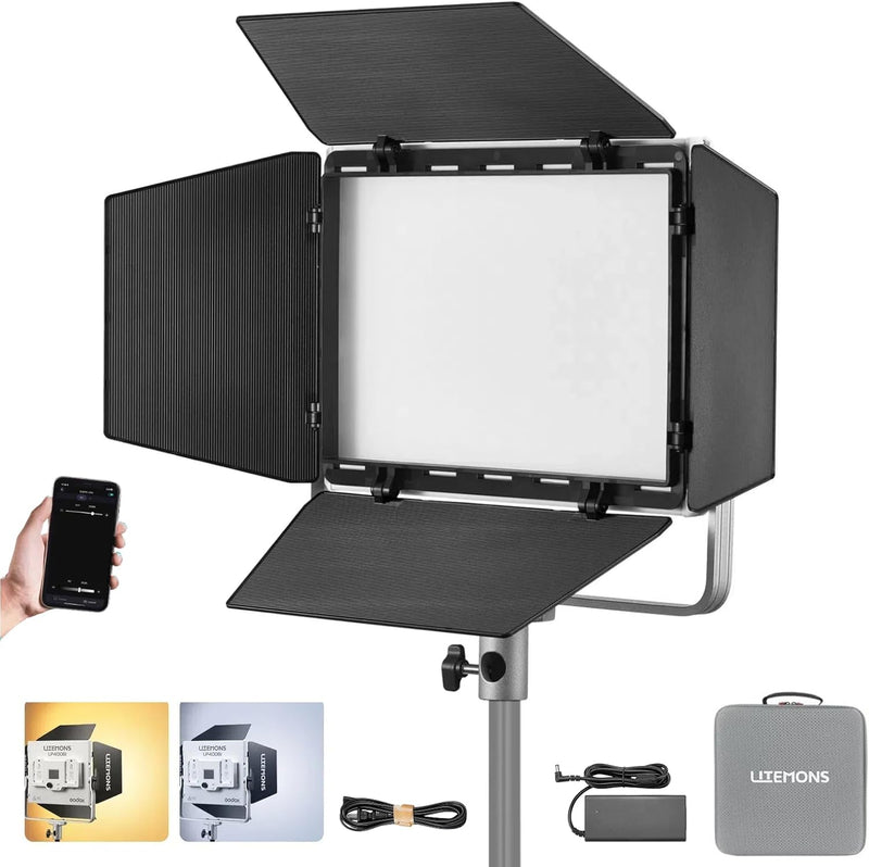 Godox LP600Bi Bicolor LED Video Light with Barndoor, 60W 2800K-6500K 9020Lux LED Panel Light with 11 FX Effects APP Control CRI/TLCI 96+ Dimmable 0-100% Studio Soft Light for Photography