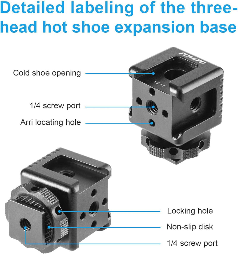 Fomito LX-3 3-Head Cold Shoe Mount with 1/4"-20 Thread for Camera Cage Flash LED Monitor Microphone etc