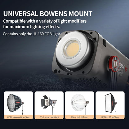 JL-160 160W COB Led Video Light, 5500K±150K Daylight Bowens Mount,Ra>97 SSI>91, 9 Lighting Effects,Continuous Output Lighting for Studio/Photography/Video Recording with APP Control