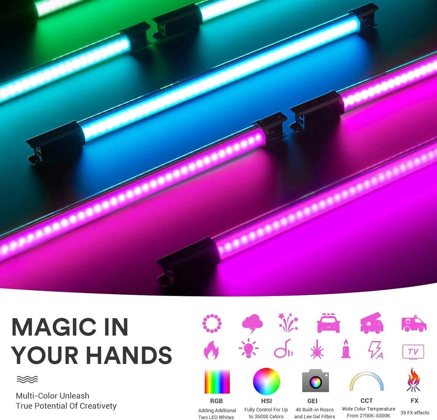 Godox TL60 Tube Light, Full Color RGB LED Video Light, 2700K-6500K Rechargeable Dimmable LED Light Stick, CRI 96+, TLCI 98+ with Built-in 2600mAh Battery and APP DMX Control