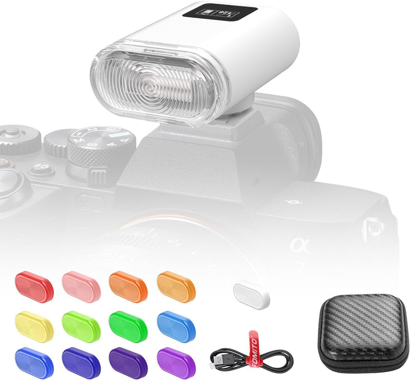 Fomito F10 / F12 Mini Flash Camare Flash, 3.7V Built-in Lithium Battery, GN10 / GN12 with 8 Levels Flash Power, CCT 5600K for Fuji, for Canon, for Nikon, for Sony, for Olympus Camera (FMT-F12-white)