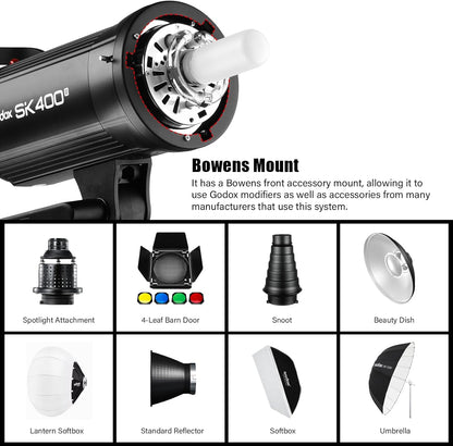 Godox SK400II 400Ws Photo Studio Strobe Flash Monolight Light with Bowens Mount &Lamp Head,150W Modeling Lamp for Studio,Shooting,Location and Portrait Photography-110V