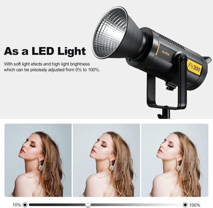 Godox FV200 200W 2.4G Flash LED Light,CRI96+,TCLI 96+,18000LUX,5600K±200K,1/8000s High Speed Sync, Built in 8 FX Special Effects Modes, Compatible for Canon, Nikon, Sony, Olympus,Panasonic