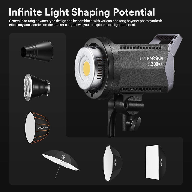 Godox LA200D LED Video Light, 200W 101000LUX@1M Daylight Studio Light, 5600K Bowens Mount LED Continuous Light, CRI 96+ 8 FX Effect 0-100% Dimming APP Control Photography LED Light
