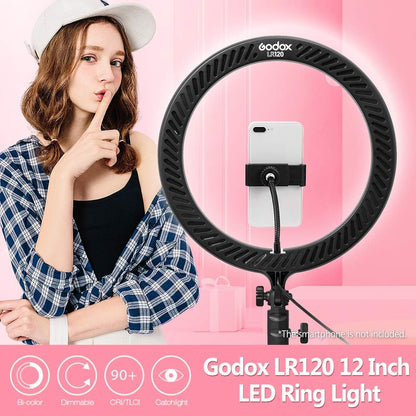 GODOX LR120 12 Inch LED Ring Light Photography Light Fill-in Light 3000K-6000K Bi-Color Temperature Adjustable Brightness USB Powered with Phone Holder for Live Streaming Selfie Makeup Photography
