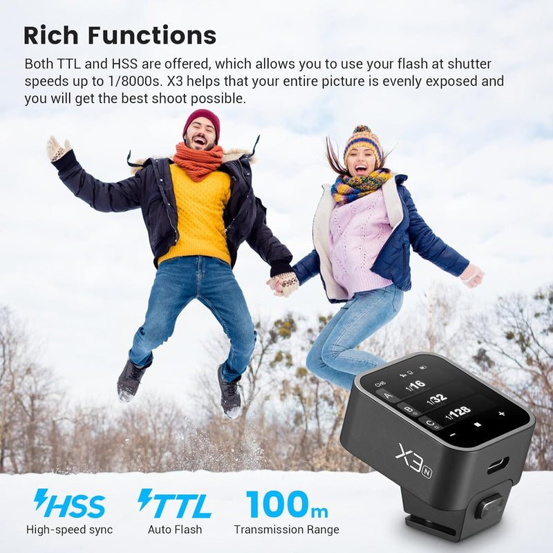 Godox X3-N Touchscreen TTL Wireless Flash Trigger for Nikon Camera, 1/8000s HSS TTL TCM Function, Built-in Battery USB-C Charge Flash Transmitter Compatible with Nikon Z6 D850 D750 D610 D7100 D5300