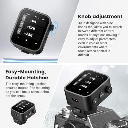 Godox X3-F Touchscreen TTL Wireless Flash Trigger for Fuji Camera, 1/8000s HSS TTL TCM Function, Built-in Battery USB-C Charge Flash Transmitter Compatible with Fuji GRX50S X-T1 X-T2 X-10 X-PRO1 X-A3