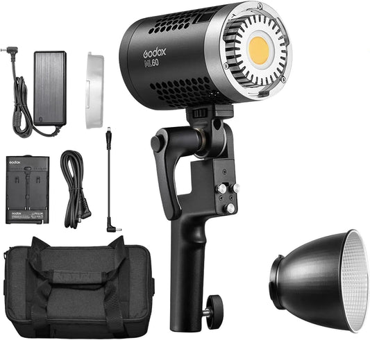 Godox ML60 Handheld LED Video Light, 60W 69000LUX Daylight Studio LED Light 5600K Portable LED Light, CRI 96+ 8 FX Effects Professional LED Light with Silent Mode