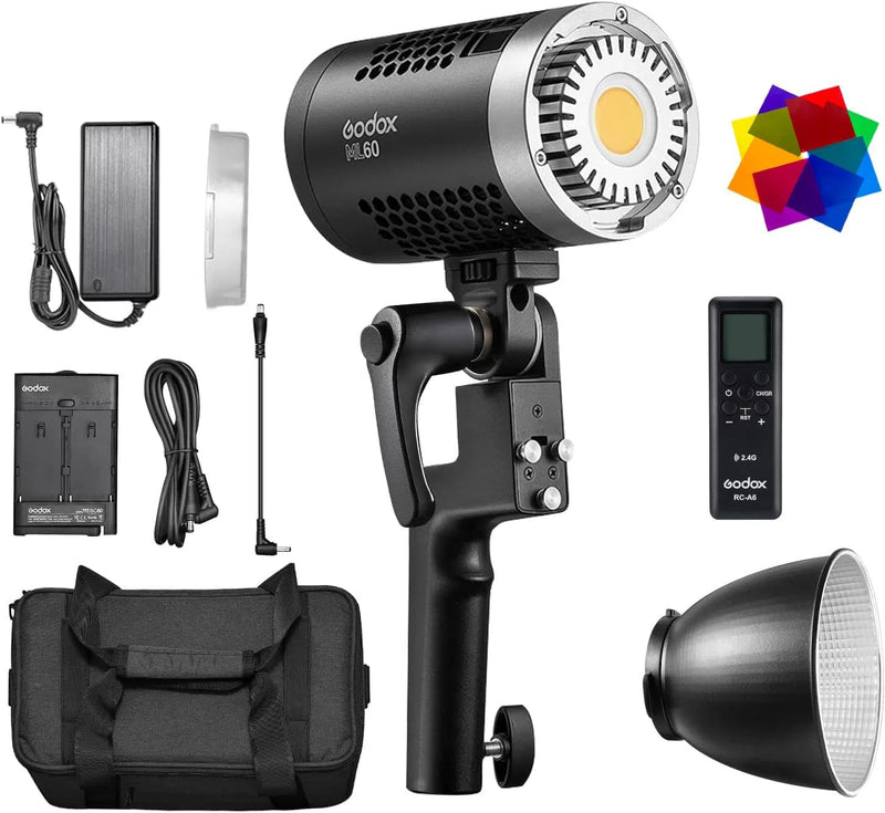 Godox ML60 Handheld LED Video Light, 60W 69000LUX Daylight Studio LED Light 5600K Portable LED Light, CRI 96+ 8 FX Effects Professional LED Light with Silent Mode