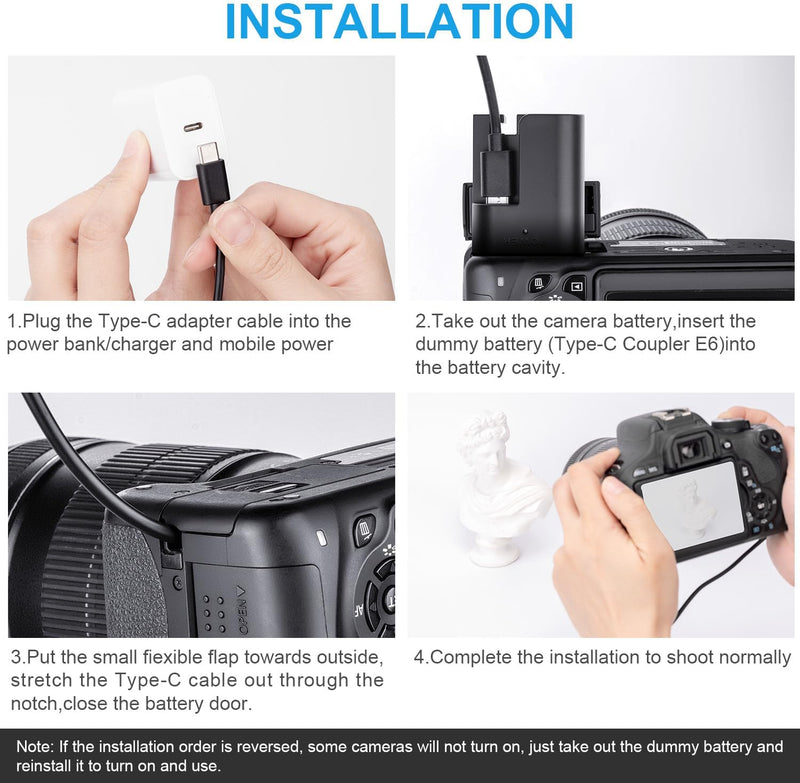 FOMITO LP-E6 Dummy Battery Decoded LP-E6 Battery Replacement with Type-C Straight Line 3M Power Adapter Cable for Canon 5D2 5D3 5D4 5DSR 6D 6D2 60D 60Da 7D 7D2 70D 80D 90D EOS-R R5 R6 Cameras