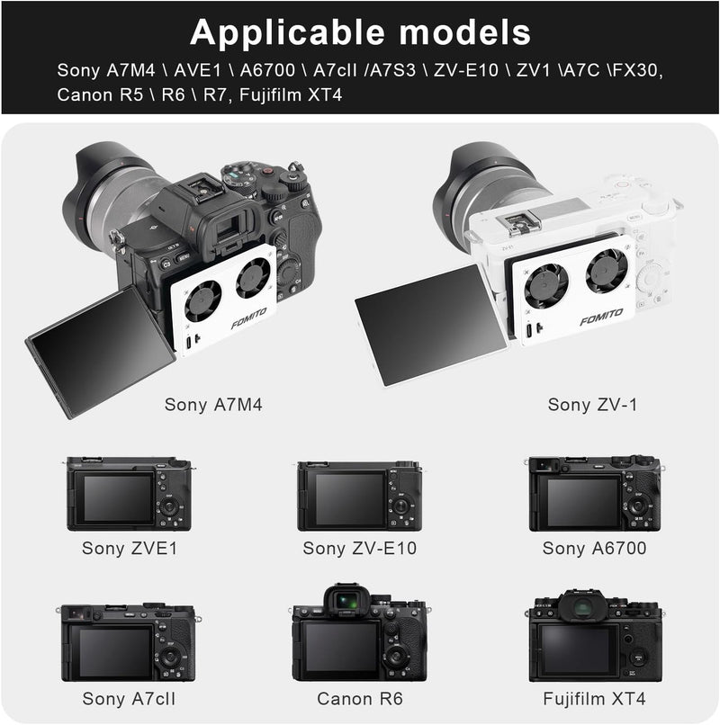 FOMITO Camera Video Dual Cooling Fans Built-in Battery with Magnetic Case for Sony A7M4 A7cII A7c A7S3 ZV-1 ZV-10 ZVE1 A6700 FX30 Canon R5 R6 R7 Fujifilm XT4 White