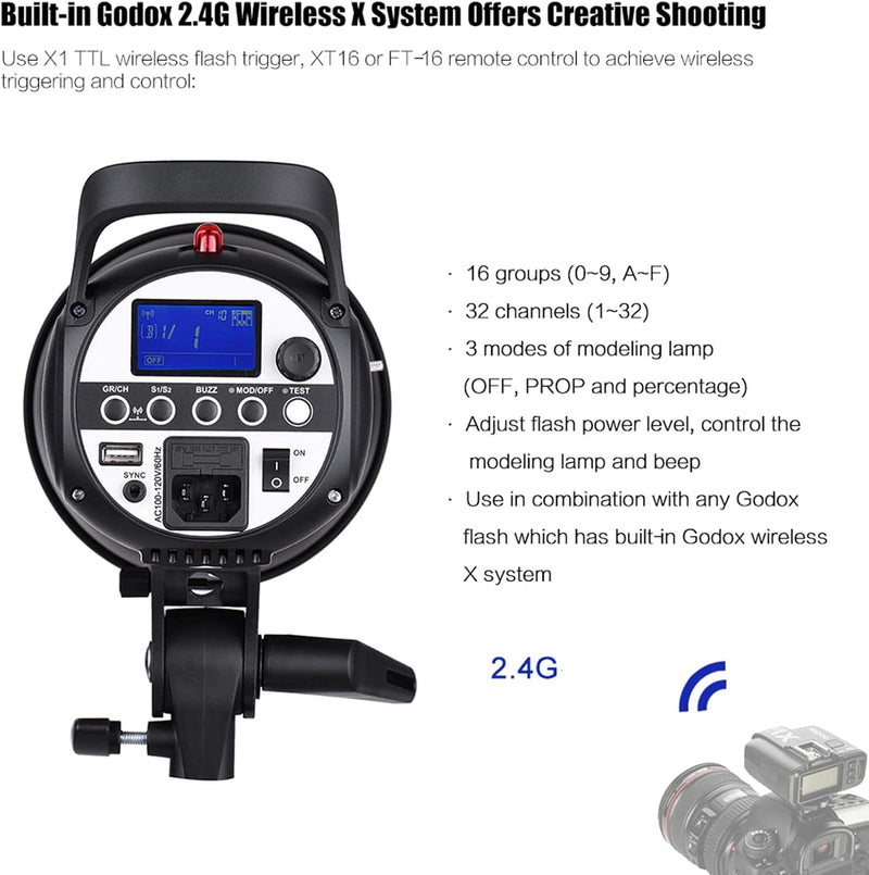 Godox SK300II-V Upgraded Studio Flash Light 300Ws Power GN58 5600±200K Strobe Light with LED Modeling Lamp Bowens Mount Photography Flashes for Advertising Photography