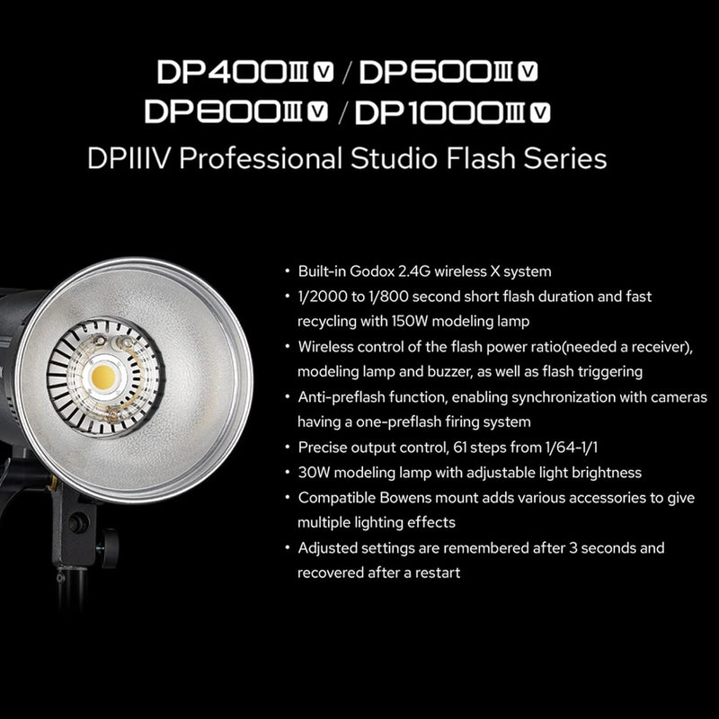 Godox DP600IIIV 600Ws Stobe Flash Studio Light GN106 0.1-1S Recycle Time, 1/2000-1/800s Flash Duration, 2.4G X System CCT 5600±200K Bowens Mount Monolight for Studio Portrait Photography (DP600III-V)