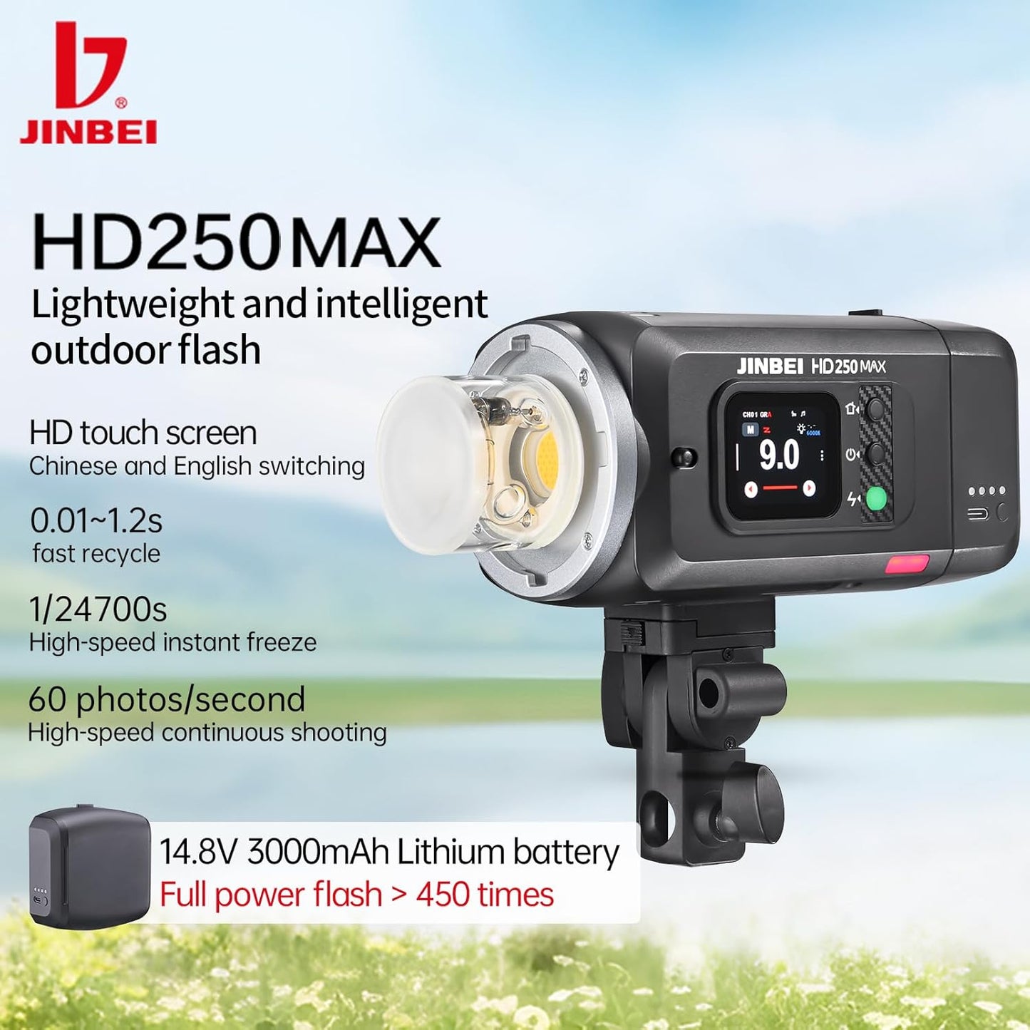 JINBEI HD250MAX 220Ws 2.4G TTL Flash Speedlight, 1/8000 HSS, 12W Bi-Color Modeling Light, Monolight Strobe Flash for Canon, Sony, Nikon, Fuji, Olympus, Panasonic