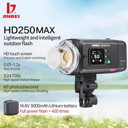 JINBEI HD250MAX 220Ws 2.4G TTL Flash Speedlight, 1/8000 HSS, 12W Bi-Color Modeling Light, Monolight Strobe Flash for Canon, Sony, Nikon, Fuji, Olympus, Panasonic