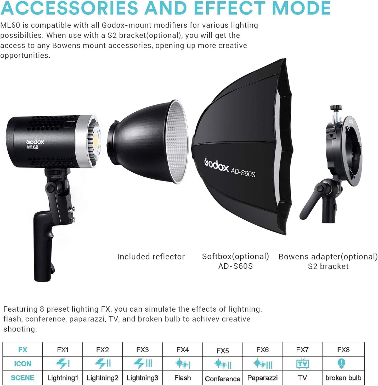 Godox ML60 Handheld LED Video Light, 60W 69000LUX Daylight Studio LED Light 5600K Portable LED Light, CRI 96+ 8 FX Effects Professional LED Light with Silent Mode