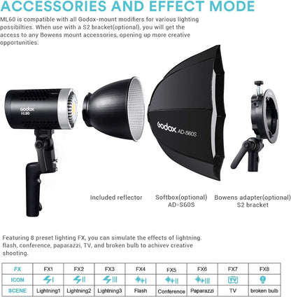 Godox ML60 Handheld LED Video Light, 60W 69000LUX Daylight Studio LED Light 5600K Portable LED Light, CRI 96+ 8 FX Effects Professional LED Light with Silent Mode