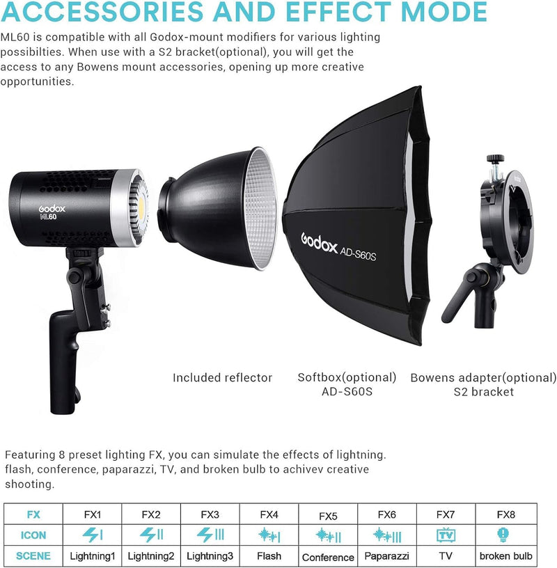 Godox ML60 Handheld LED Video Light, 60W 69000LUX Daylight Studio LED Light 5600K Portable LED Light, CRI 96+ 8 FX Effects Professional LED Light with Silent Mode