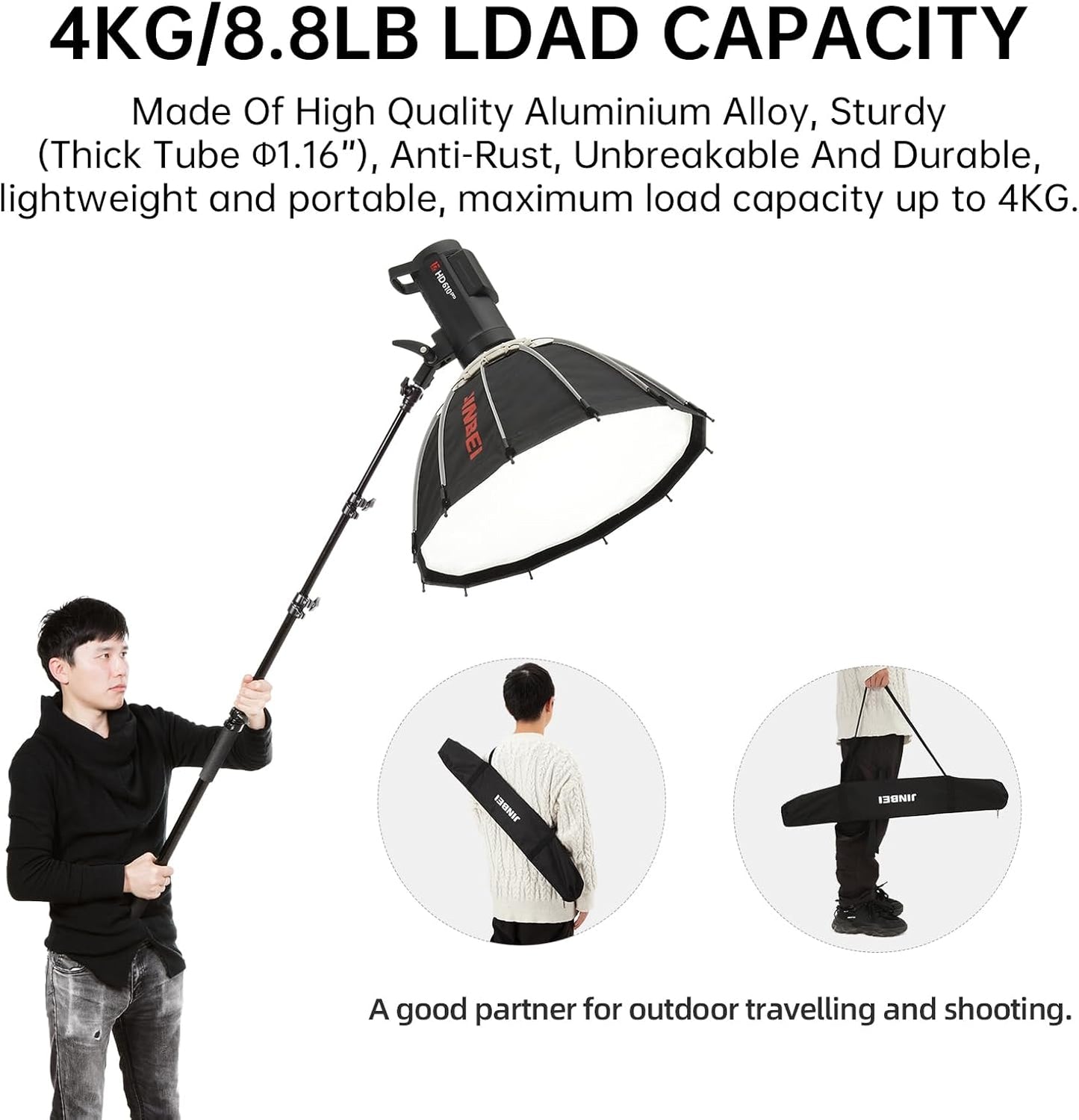 JINBEI HD-230 7.5ft / 230cm Handheld Portable Light Stand with 1/4" 3/8" Adapter Boom Pole Telescoping with Easy Twist Locks Support for Studio LED Panel Speedlite Reflector