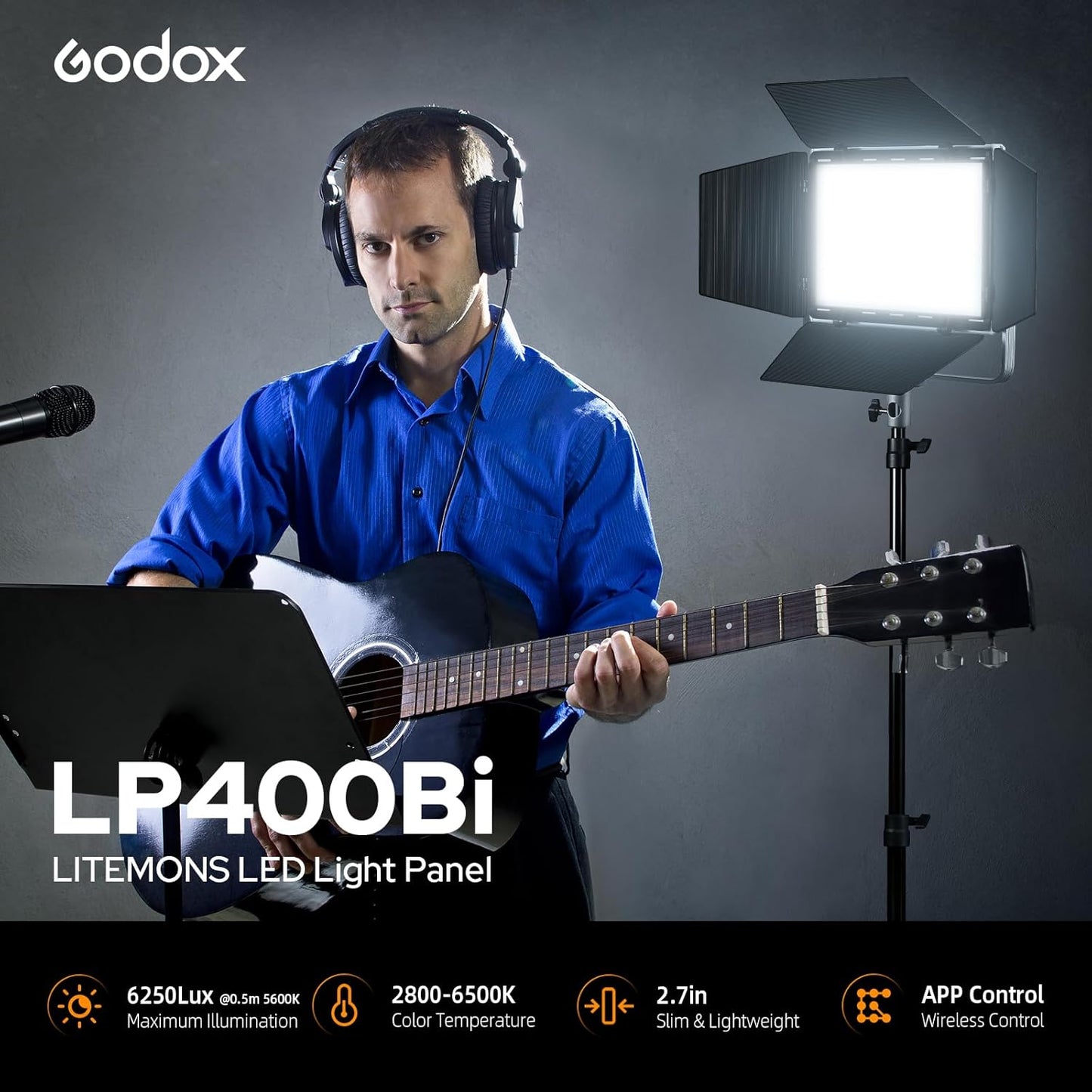 Godox LP400Bi Bicolor LED Video Light with Barndoor, 36W 2800K-6500K 6250Lux LED Panel Light with 11 FX Effects APP Control CRI/TLCI 96+ Dimmable 0-100% Studio Soft Light for Videography